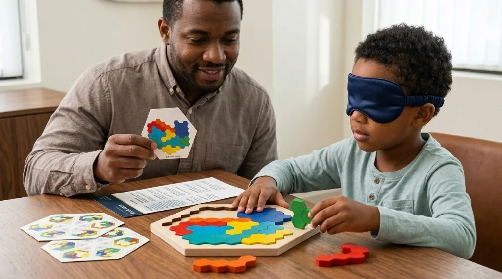 Two participants communicating while completing a tabletop puzzle.