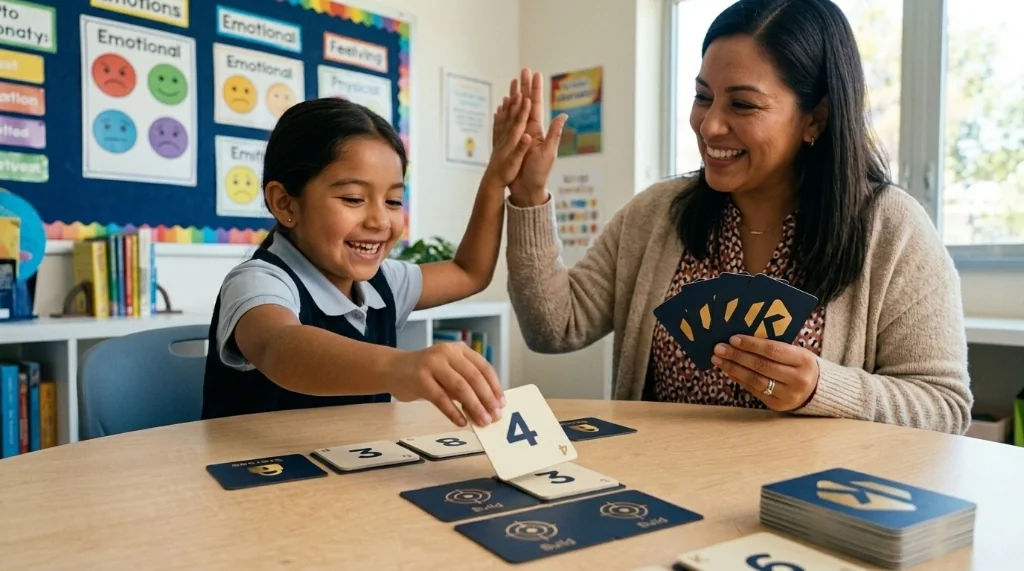 A facilitator and young person playing Stacks and Storage with numbered cards.